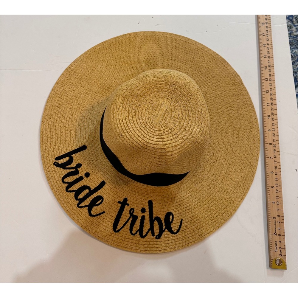 C.C Exclusives Bride Tribe Straw Sun Hat Tan Wide Brim Floppy Beach Bachelorette
